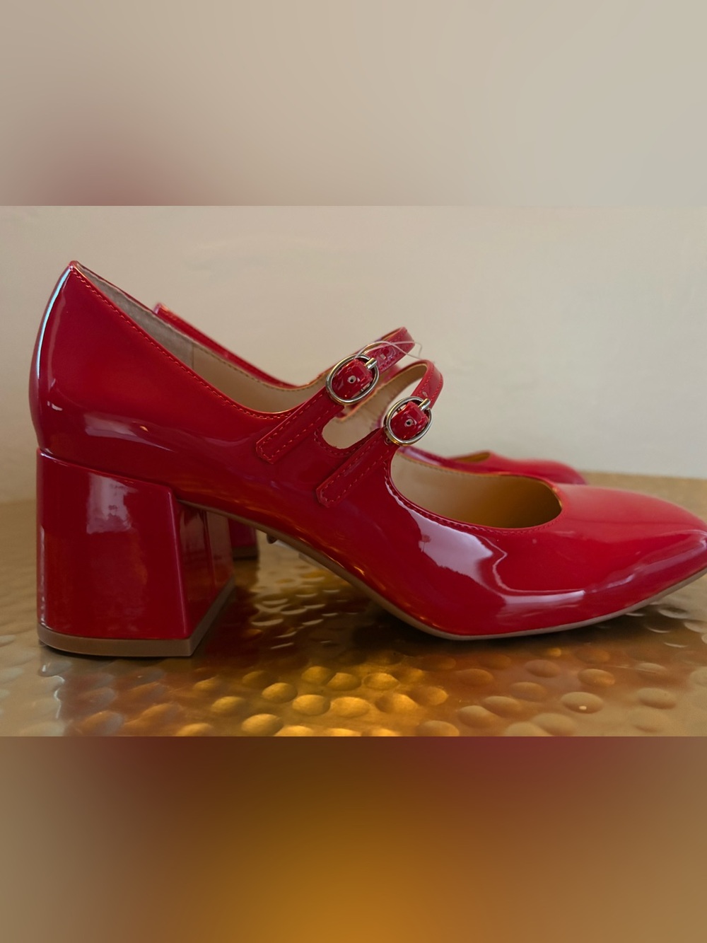 New On 34th Red Mary Jane Block Heel Pumps Red Double Strap Pointed Toe Size 8M